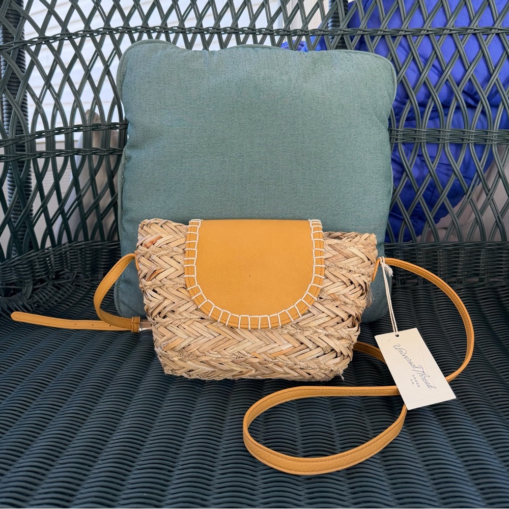Universal Thread Woven Straw Crossbody with Mustard Flap